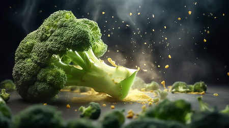 Fresh broccoli on table with seasonings. Healthy food, close-up dark background, copy space. Wellness vegetable diet nutrient-rich. Generative AIの素材