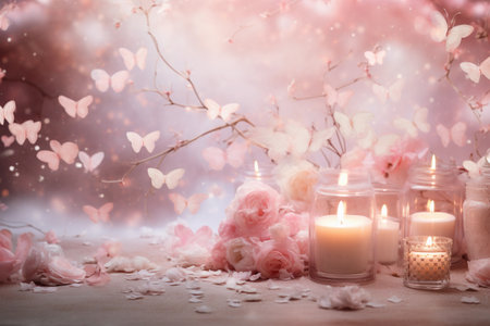 Valentine's day background in pink tones with butterflies, rose flowers and burning candles, horizontal luxury glamour romantic backdropの素材