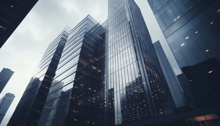Skyscrapers in twilight, modern glass buildings in metropolis city, office buildings in business district, high rise with glass mirrored walls, illuminated lights. AI generativeの素材