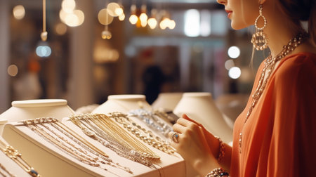 Beautiful young woman chooses jewelry in a shop window, blurred background. AI generativeの素材