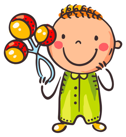 Happy cartoon baby holding a rattle, infant playing with toy, isolated illustrationのイラスト素材