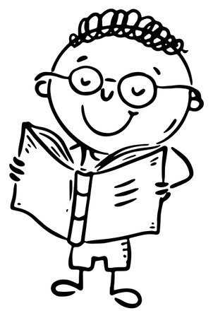 Cute outline cartoon child with glasses reading a book. Isolated characterのイラスト素材