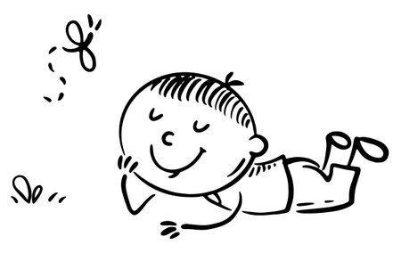 Hand drawn of a laying boy. Cute cartoon child lying down, relaxed kidのイラスト素材