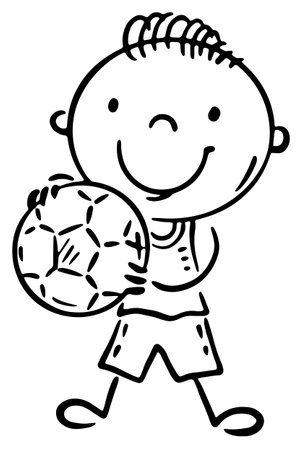 Outline cartoon boy standing and holding a soccer ball. Isolated characterのイラスト素材