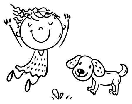Hand drawn happy child playing with puppy dog outdoors. Cartoon characters, outline vector illustrationのイラスト素材