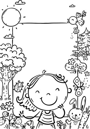 Happy kids frame. Nature border with copy space. Line art illustrationのイラスト素材