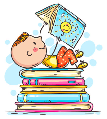 Cute cartoon boy reading a book, little child with book, boy lies on a stack of booksのイラスト素材
