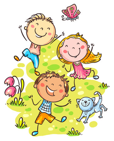 Hand drawn cartoon kids having funn otdoors together. Cute children jumping with joy, summer outdoor activityのイラスト素材