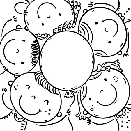 Square cover. Outline happy kids and balloon with copy space. Black and white illustrationのイラスト素材