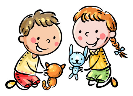 Cute little kids playing with toys. Cartoon illustration of two kindergarten children, activities clipartのイラスト素材