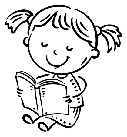 Little girl reading a book. Isolated outline cartoon illustrationのイラスト素材