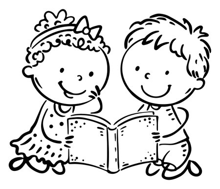 Little children reading a book. Doodle isolated outline illustrationのイラスト素材