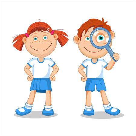 Girl and a boy. Boy looking through a magnifying glass. illustration, isolated on white background.のイラスト素材