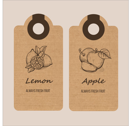 Vintage cardboard labels, labels, price tags, set. Always fresh fruit, apples and lemons.のイラスト素材