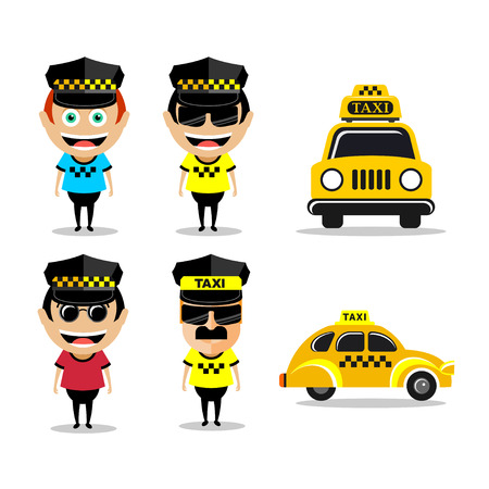 Taxi driver and taxi. Set of vector illustrations, characters and icons taxi.のイラスト素材