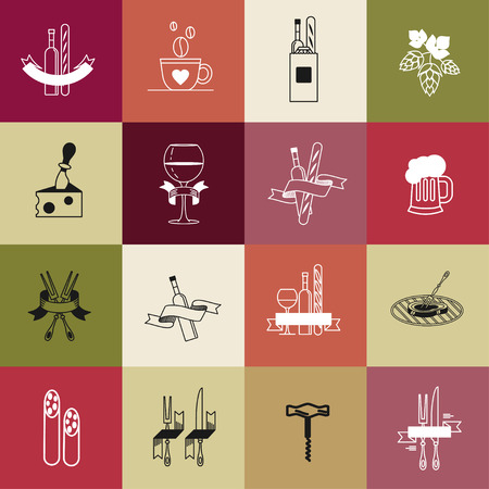 Set of vector icons. BBQ, cheese, wine glass, wine bottle, fork, corkscrew, sausage, hops, beer, coffee, French baguette.のイラスト素材