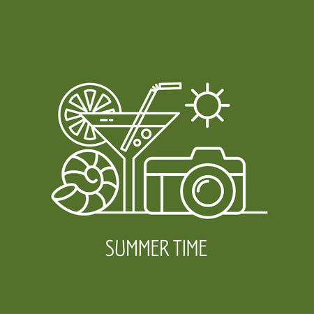 Summer time vacation. Vector sign, emblem, . Summer, cocktail, shell and the camera, the emblem of summer vacation. Vector illustration.のイラスト素材