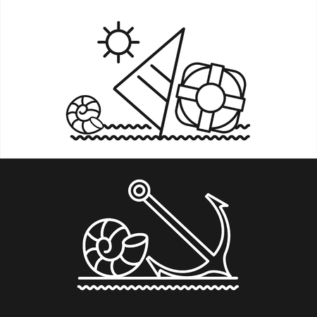 Summer. Sea, sailboat, shell, anchor. Set of emblems of summer holidays and tourism.のイラスト素材