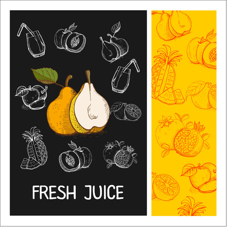 Hrushiv juice. Fruit. Vector illustration. Fruit drawn in chalk on a black Board. Hand drawn vector illustration.のイラスト素材