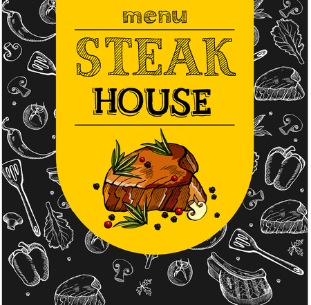 Steak house. The design of the menu. Vector illustration. Steak drawn in chalk on a black Board. Hand drawn vector illustration.のイラスト素材