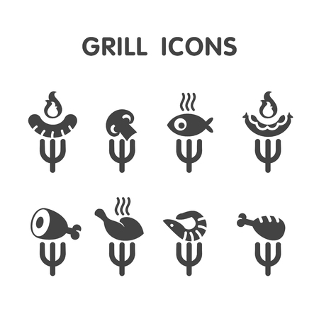 Set grill bar labels, logos. Label Steakhouse. The grill restaurant labels and design elements. Chicken, sausage, pork, vegetables, shrimp on the grill.のイラスト素材