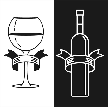 Wine bottle and glass on white and black background.のイラスト素材