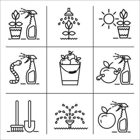 Garden, fruit, harvest, watering, spraying of garden pest, garden care, garden tools, set of vector icons.のイラスト素材