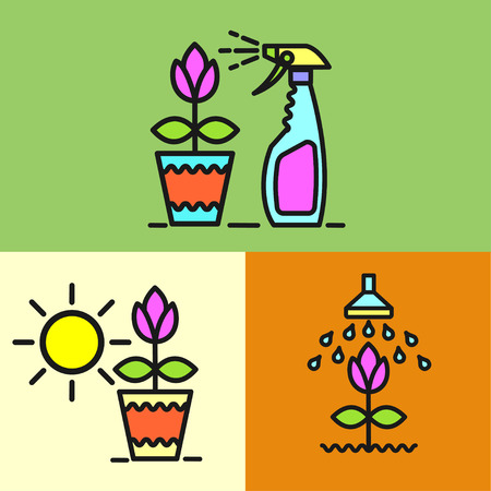 Garden, watering the flowers, spraying colors from pests, watering flowers, potted plant, spray, set of vector icons.のイラスト素材