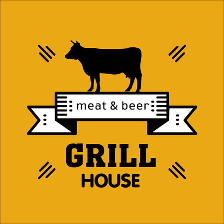 Grill house. Vintage grill logo on a yellow background. Meat and beer. Logo for a cafe, beer restaurant. barbecue.のイラスト素材