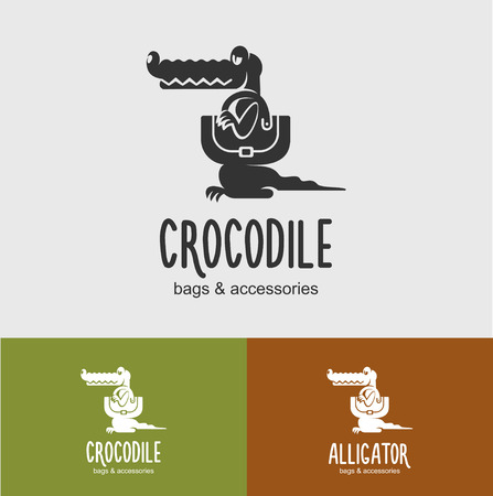 The emblem shop leather accessories. Vector illustration of an alligator with a bag. Leather bags, accessories made of crocodile leather.のイラスト素材