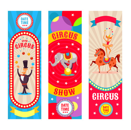 A set of circus posters, invitation to the circus. Vector illustration. Juggler, circus elephant, horse.のイラスト素材