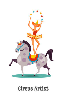 Circus artists. Girl juggler on horseback. Isolated on a white background. Vector illustration.のイラスト素材