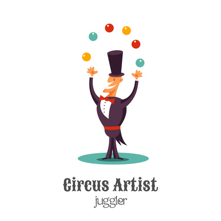 Circus juggler in a tuxedo juggles colored balls. Vector illustration. Isolated on a white background.のイラスト素材