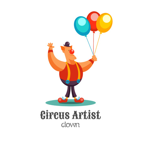 Funny circus clown with balloons. Vector illustration, isolated on white background.のイラスト素材