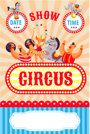 Colorful circus poster. Vector characters are circus performers. Fun clown, elephant, lion, a strongman with weights, the girl juggler.のイラスト素材