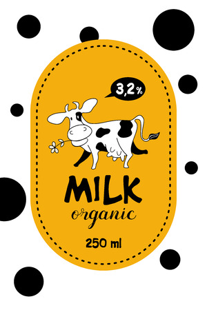 Vector logo on milk carton. Funny cow with flower. Organic dairy products.のイラスト素材