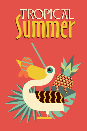 Pelican with fish in beak. Tropical summer vector illustration. Tropical plants and fruits.のイラスト素材