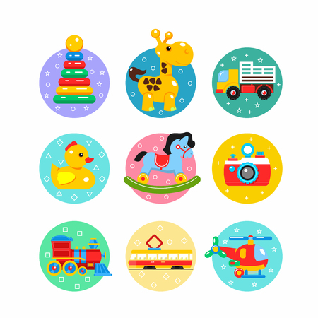 Children's toys. Colorful logos, stickers. Vector badges. Including truck, pyramid, duck, tram, rocking horse, a helicopter, a camera, a locomotive.のイラスト素材