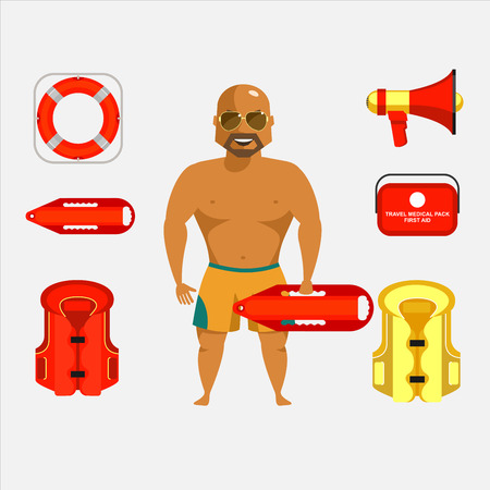 Lifeguard on the beach. Tanned strong man in glasses with a rescue buoy. Equipment lifeguard, vector set.のイラスト素材