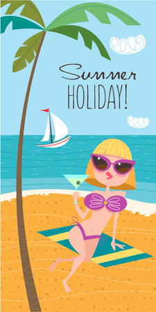 The girl sunbathing on a beach and drinking a cocktail. Vector illustration in flat style.のイラスト素材