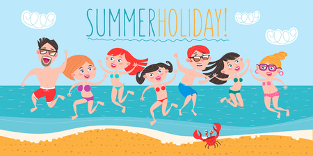 Young people, girls and guys having fun on the beach. People are on vacation, relax, have fun, sunbathe. Vector illustration.のイラスト素材