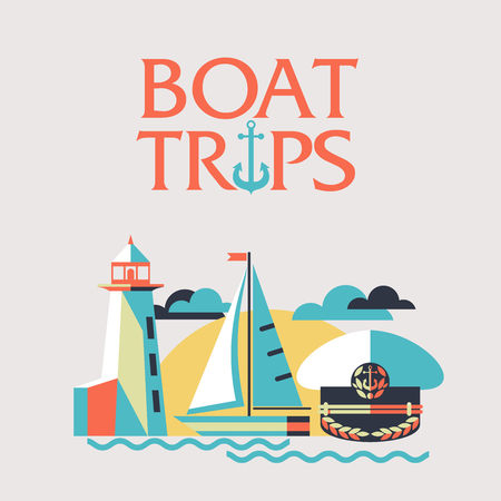 Boat trips. Vector illustration in flat style. Sailing boat, lighthouse, cap captain.のイラスト素材