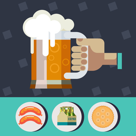 Hand holds mug of beer. The best beer. A colorful poster advertising beer. Vector icons. Sausages, packaging bottles of beer, cookies.のイラスト素材