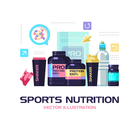 Protein, shakers, dumbbell, energy drinks. Sports nutrition. Fitness. Vector illustration isolated on white background. Set of design elements.のイラスト素材
