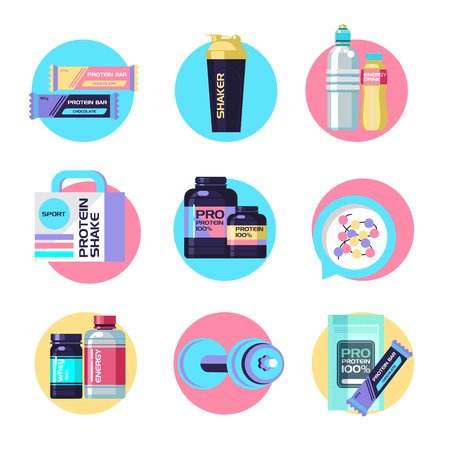 Protein, sports nutrition, water, shaker, dumbbell, energy drinks. Round vector icons.のイラスト素材