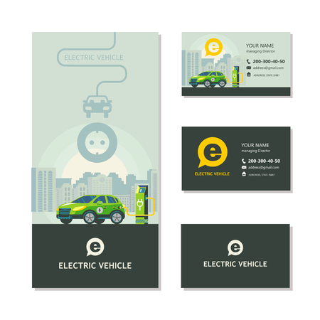 Green electric car at charging station. Service electric vehicles. Corporate identity, flyer, business cards.のイラスト素材