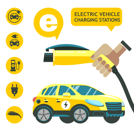 Electric car. Charger for car. Service electric vehicles. Vector icons.のイラスト素材