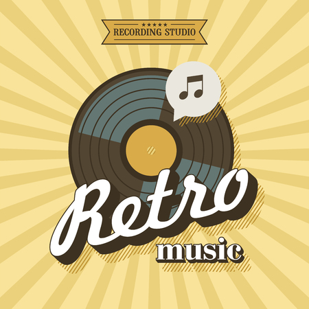 Retro music. Vector poster in retro style. The vinyl record. Vector emblem. Recording Studioのイラスト素材