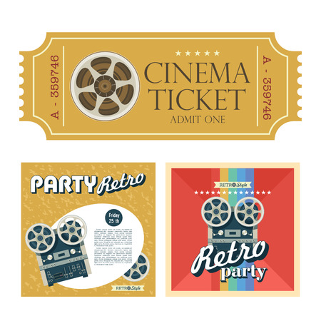 Set of retro posters with the image reel to reel tape with space for text. Design vintage cinema tickets. Vector illustration.のイラスト素材