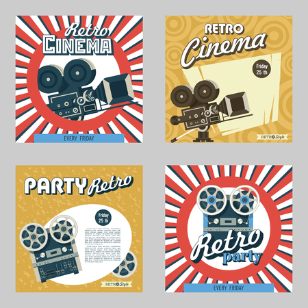 Set of four posters. Vector illustration. Retro cinema. Retro party. Depicts a vintage film camera and reel to reel tape recorder.のイラスト素材